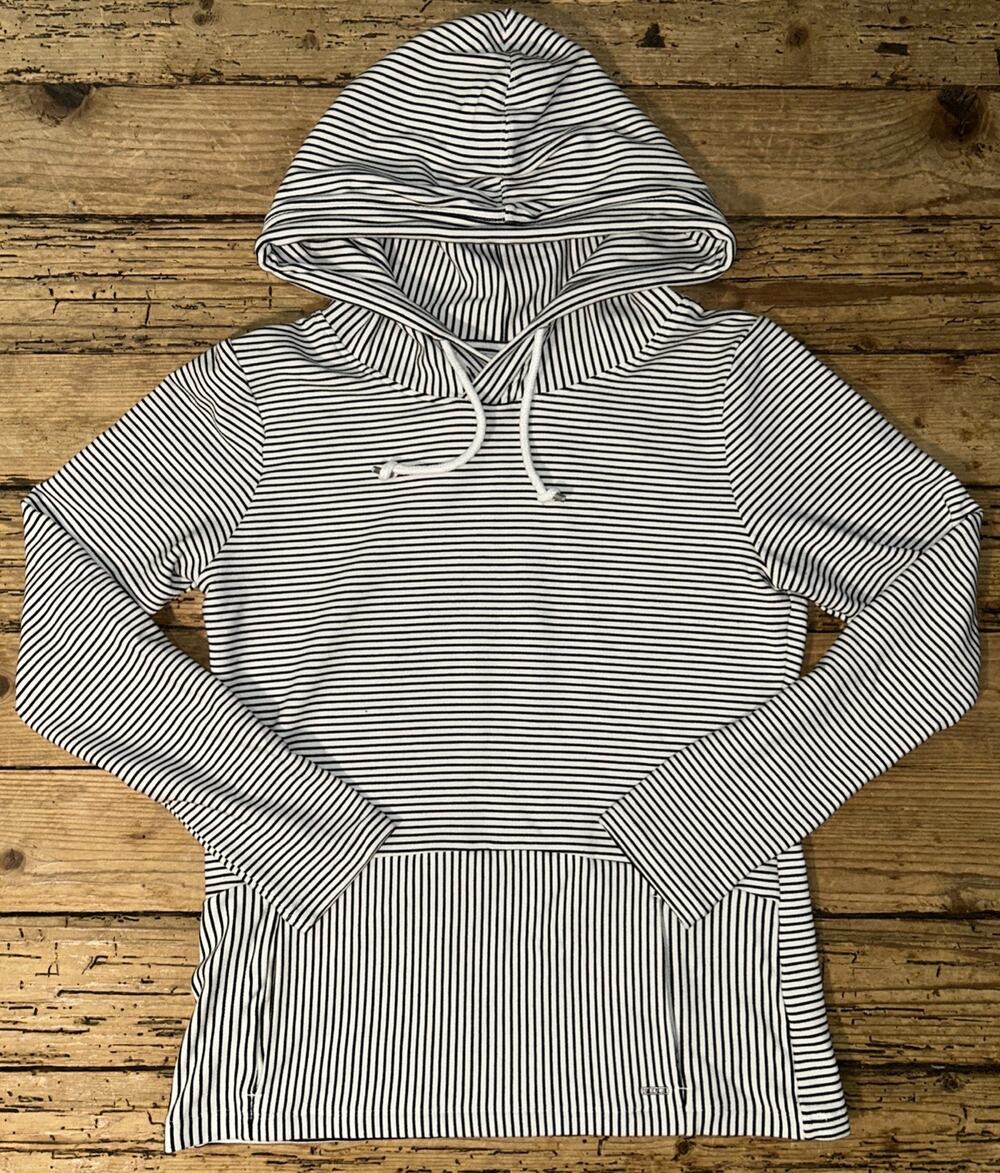 Lorna Jane Women’s Size S Black And White Striped Hoodie Sweatshirt EUC